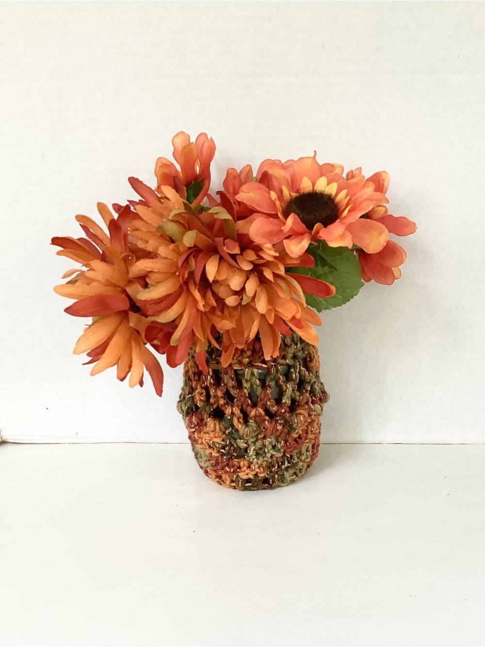 Vase Cover Jar Sleeve Hand Crafted Fall Floral Arrangement Orange Green Browns